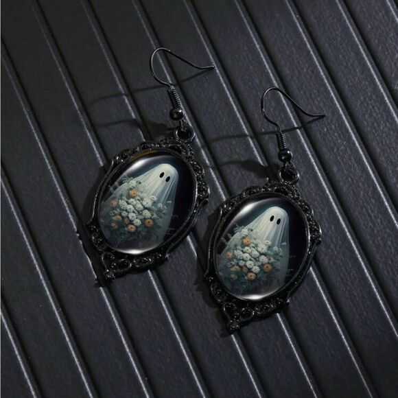 Gothic Vintage Inspired Earrings, Ghost Picture with floral, black frame… - Picture 2 of 3